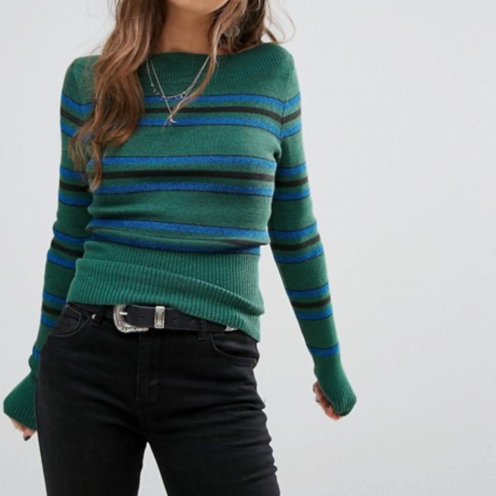 Free People Fern Stripe Crop Sweater Small Green